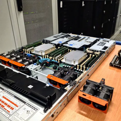 Rack server upgrade on the workbench — mainboard, memory, and cooling fans